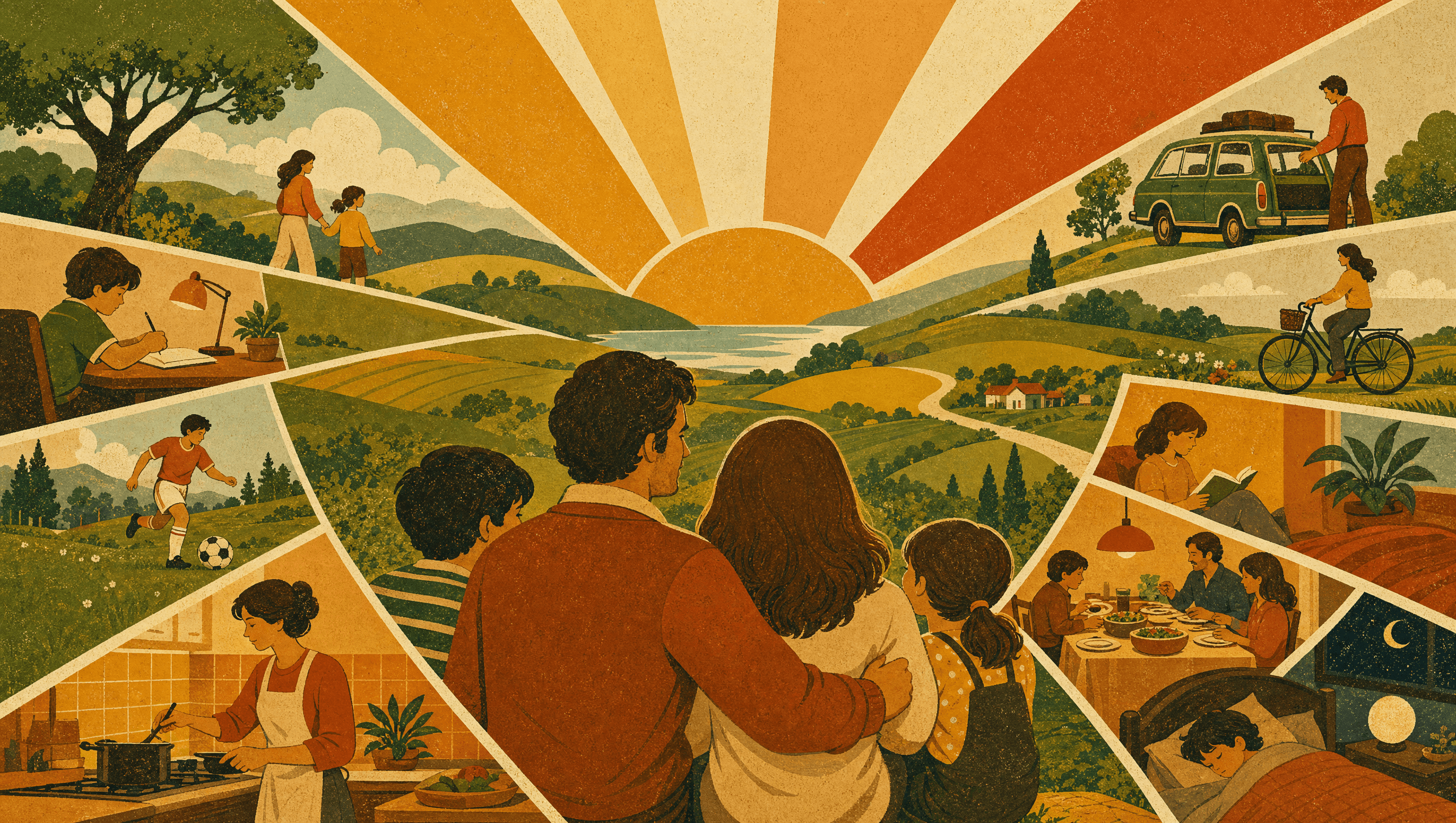 A retro illustration of a family's whole day coming together — events, lists and routines beneath a warm rising sun.