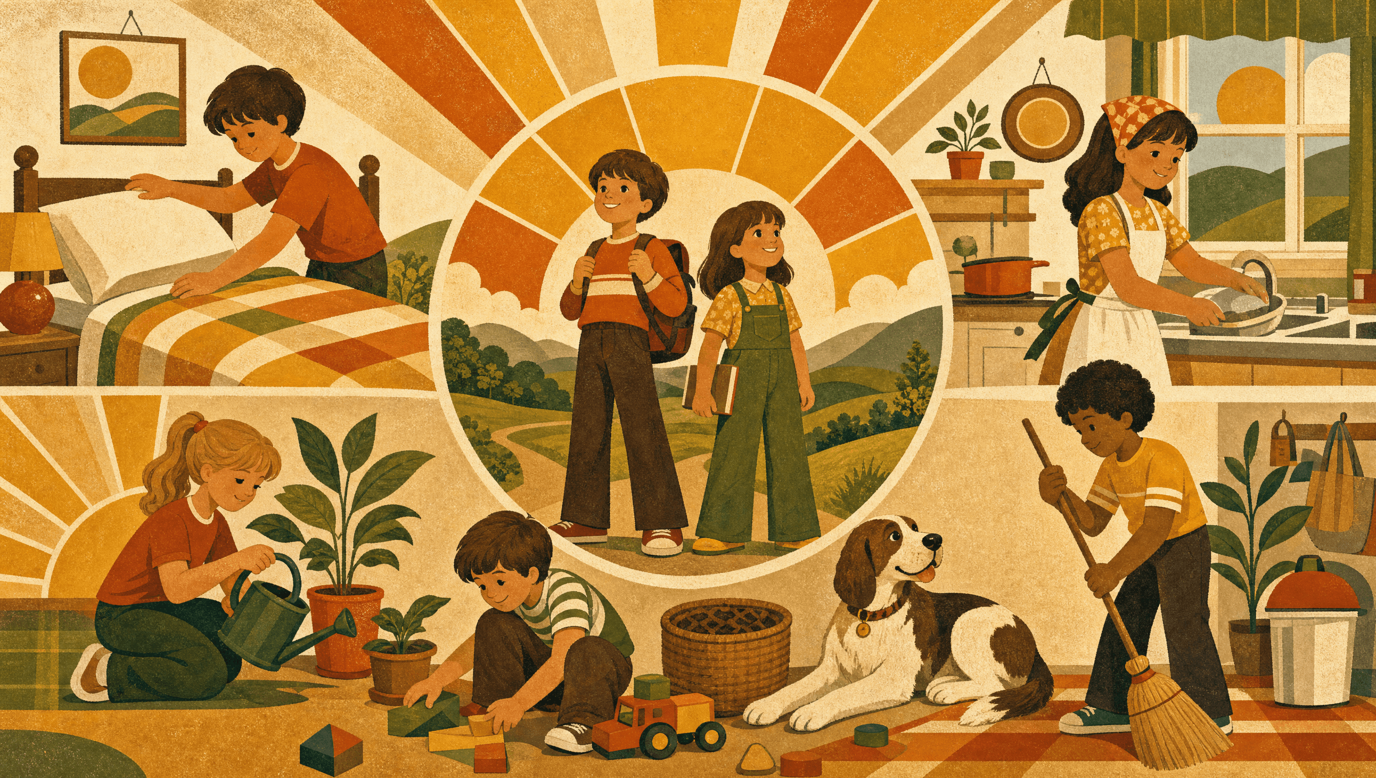 A retro illustration of kids' daily routines, lists and chores moving through the day.