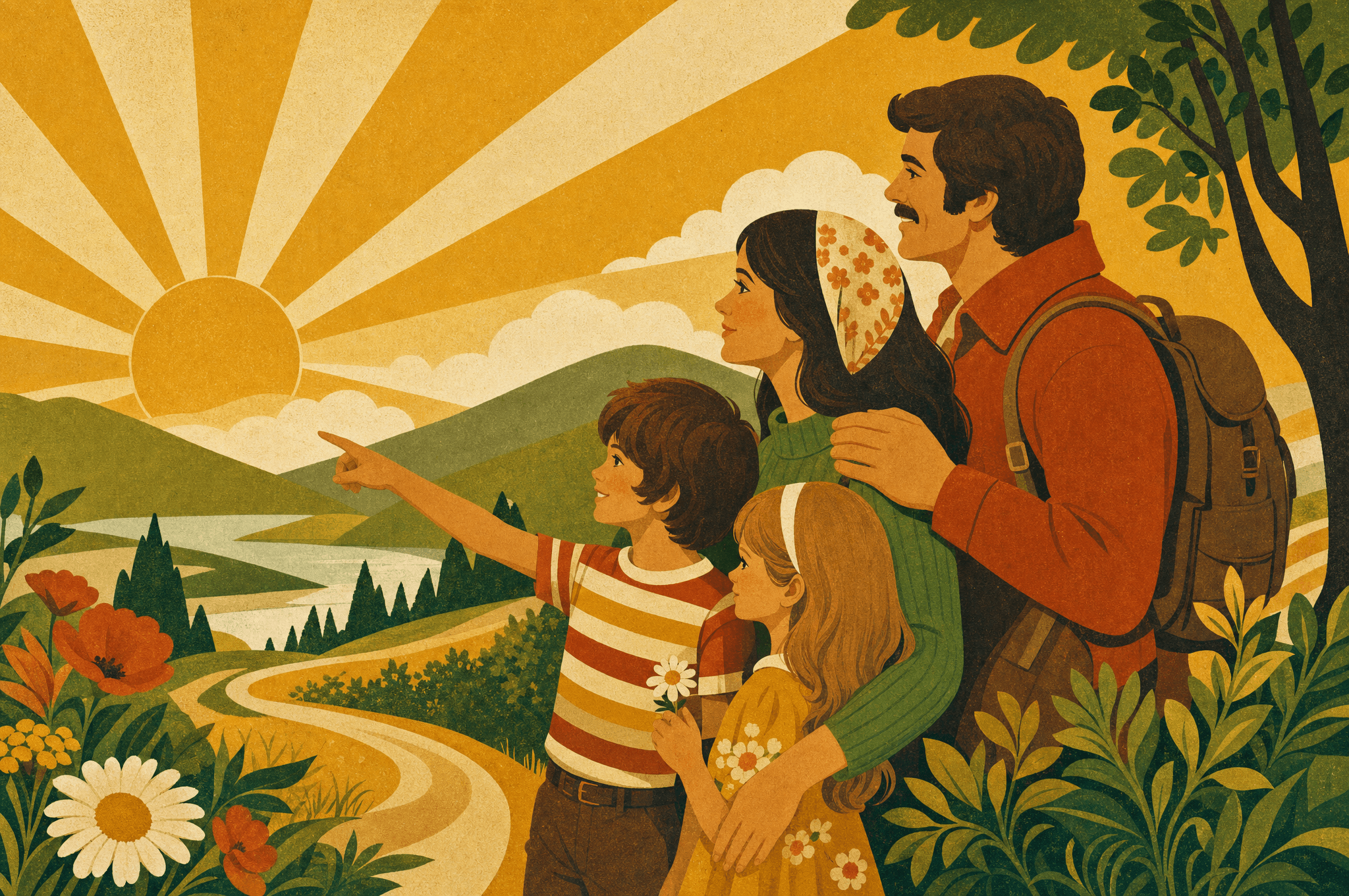 An uplifting retro illustration of a new family settling into a sunny home.