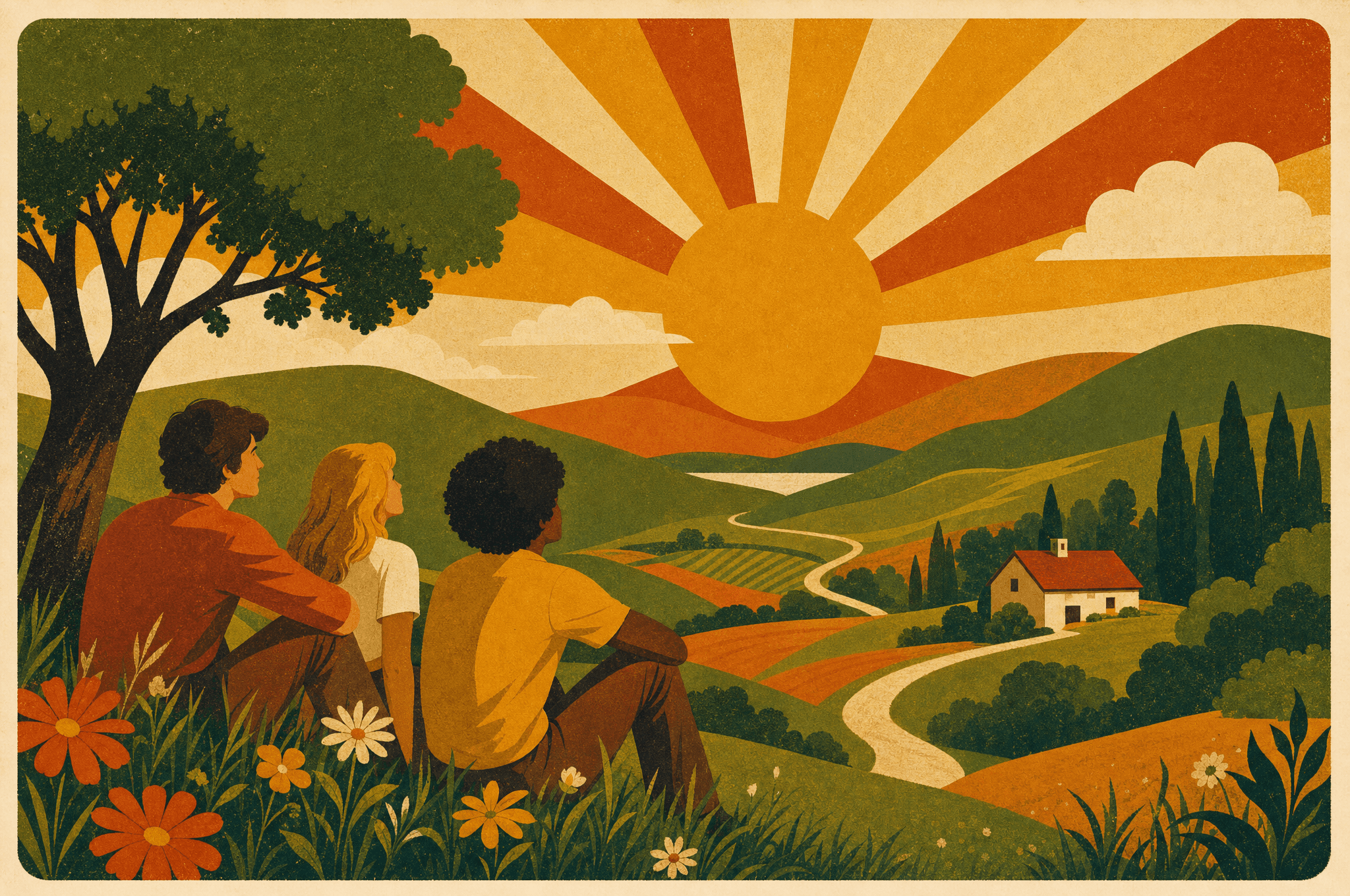 A warm retro illustration representing simple, fair plans for a family app.